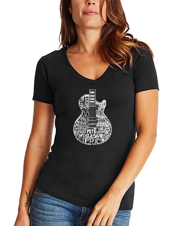 【送料無料】 エルエーポップアート レディース シャツ トップス Women's Word Art Rock Guitar Head V-Neck T-Shirt Black
