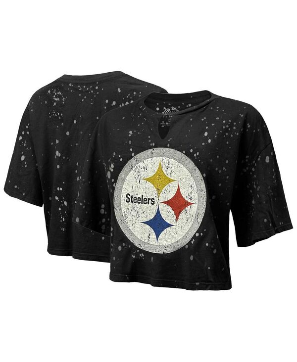 yz }WFXeBbN fB[X TVc gbvX Women's Threads Black Distressed Pittsburgh Steelers Bleach Splatter Notch Neck Crop T-shirt Black