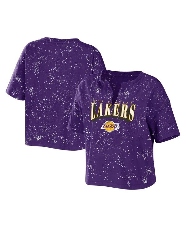 yz EFA oC G Ah[Y fB[X TVc gbvX Women's Purple Los Angeles Lakers Bleach Splatter Notch Neck T-shirt Purple