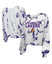  マジェスティック レディース Tシャツ トップス Women's Threads White Los Angeles Lakers Aquarius Tie-Dye Cropped V-Neck Long Sleeve T-shirt White