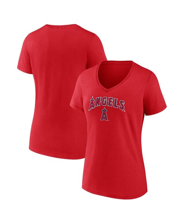 yz t@ieBNX fB[X TVc gbvX Women's Red Los Angeles Angels Team Lockup V-Neck T-shirt Red