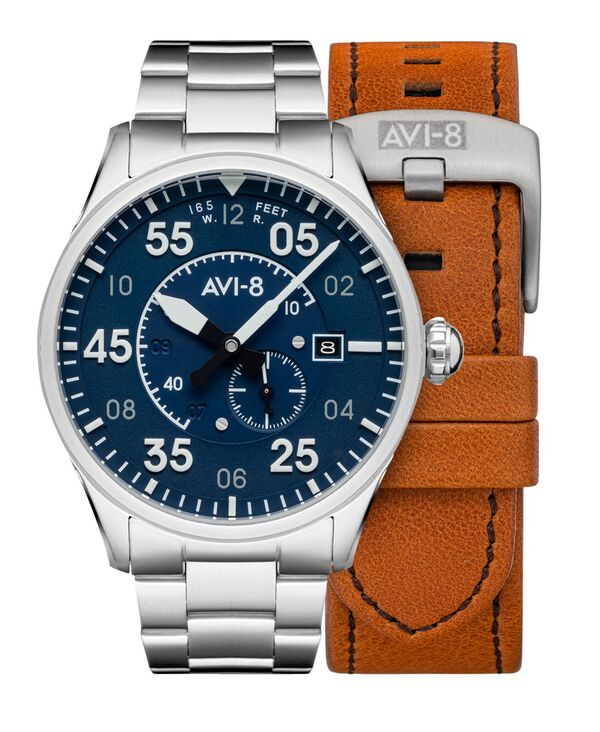 ̵   ӻ ꡼ Men's Spitfire Silver-Tone Solid Stainless Steel Bracelet and Brown Genuine Leather Strap Watch 42mm Silver-Tone