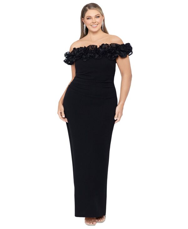  エスケープ レディース ワンピース トップス Plus Size Floral-Appliqu&eacute; Off-The-Shoulder Gown Black