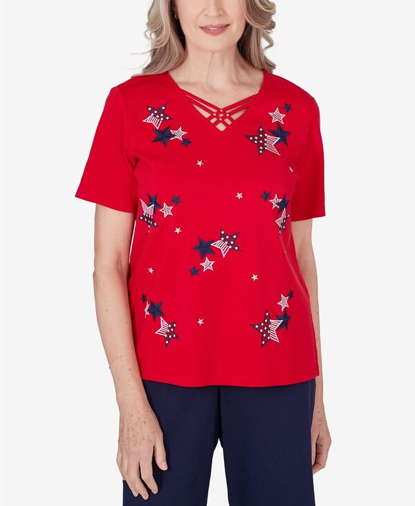 yz Atbh _i[ fB[X Vc gbvX Petite All American Embroidered Stars Top Red