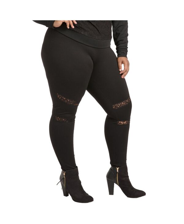 yz |GeBbN WXeBX fB[X MX {gX Women's Plus Size Curvy-Fit Lace Inset Pull-On Ponte Legging Black
