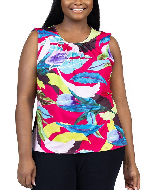 yz 24ZuRtH[g fB[X Vc gbvX Plus Size Pleated Crew Neck Sleeveless Top Red Multi