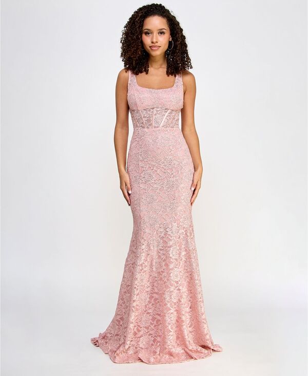 【送料無料】 シティー スタジオ レディース ワンピース トップス Juniors' Square-Neck Floral-Lace Gown Blush Rose