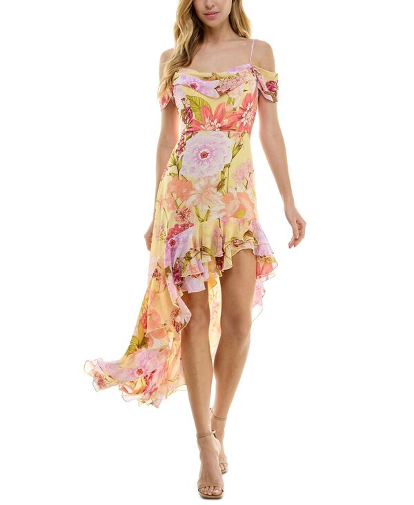 【送料無料】 シティー スタジオ レディース ワンピース トップス Juniors' Drape-Neck Cold-Shoulder Dress Ruffle-Hem Dress Yellow/Pink