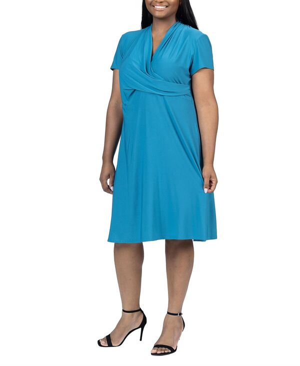 【送料無料】 24セブンコンフォート レディース ワンピース トップス Plus Size Short Sleeve Rouched Wrap Dress Teal