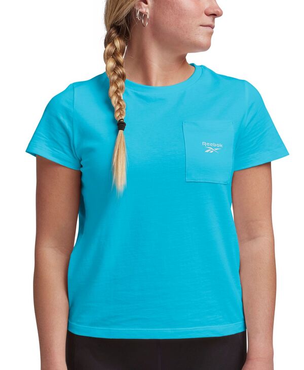 yz [{bN fB[X TVc gbvX Women's Active Small-Logo Pocket Cotton T-Shirt Bold Cyan