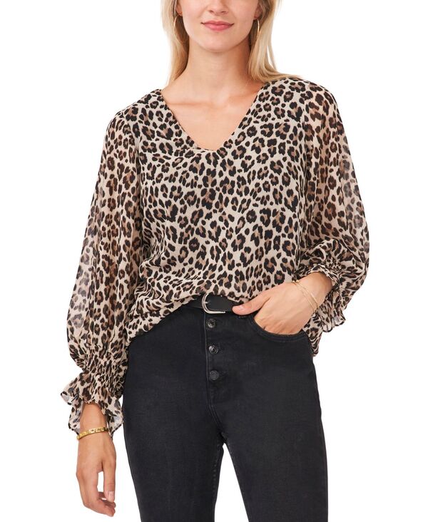 【送料無料】 ヴィンスカムート レディース シャツ トップス Women 039 s Leopard Print Smocked Cuff Top Rich Black