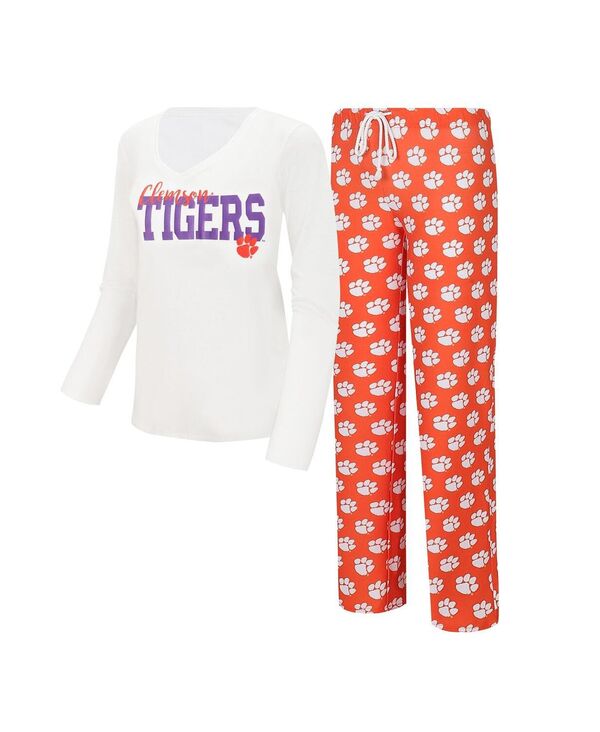 【送料無料】 コンセプツ スポーツ レディース ナイトウェア アンダーウェア Women's White Orange Clemson Tigers Long Sleeve V-Neck T-shirt and Gauge Pants Sleep Set White Orange