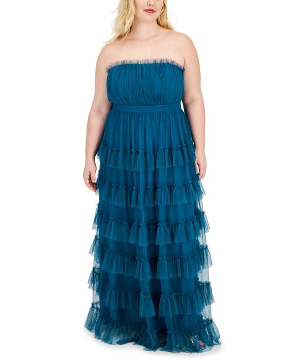 【送料無料】 シティー スタジオ レディース ワンピース トップス Trendy Plus Size Tiered Ruffled Mesh Ball Gown Teal