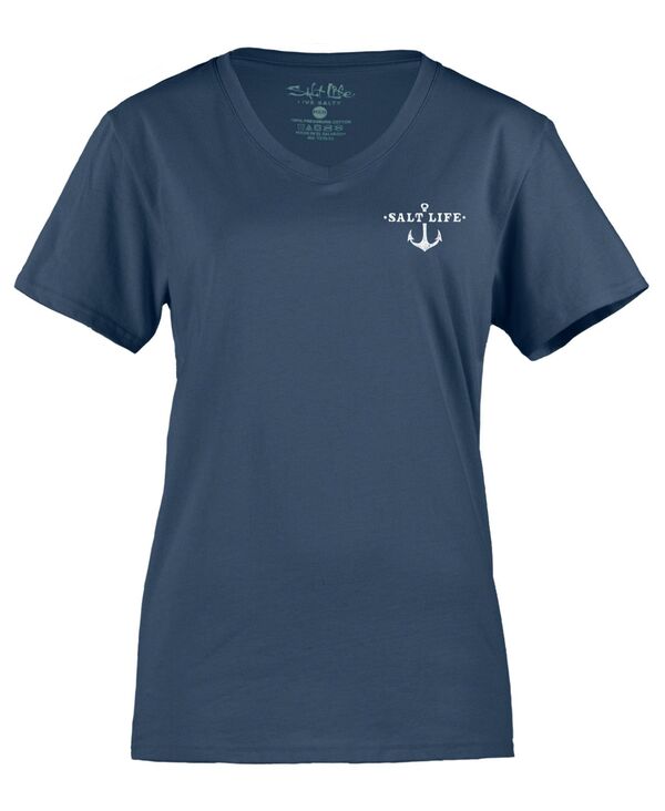 yz \gCt fB[X Vc gbvX Women's Sea Yall Cotton Graphic V-Neck T-Shirt Washed Navy