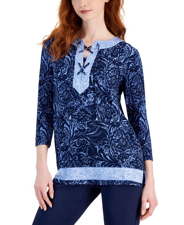 【送料無料】 ジェイエムコレクション レディース シャツ トップス Women 039 s Printed 3/4 Sleeve Lace-Up Knit Top Intrepid Blue Combo