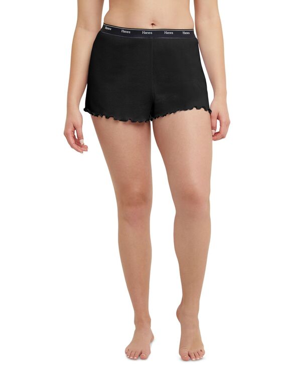 楽天ReVida 楽天市場店【送料無料】 ヘインズ レディース ナイトウェア アンダーウェア Women's Originals Cozywear Ribbed Ruffled Shorts OG118 Black