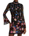 yz t`RlNV fB[X s[X gbvX Women's Floral Embroidered Bell-Sleeve Mesh Sheath Dress Black Multi