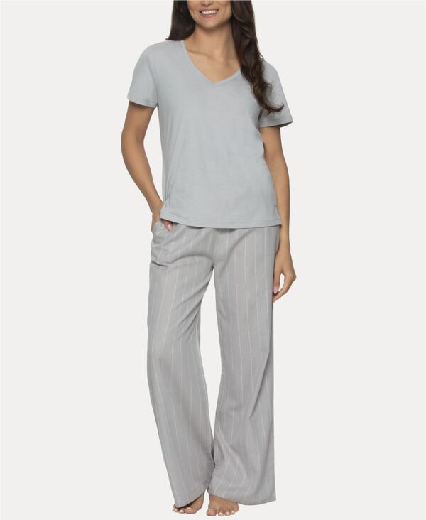 楽天ReVida 楽天市場店【送料無料】 フェリナ レディース ナイトウェア アンダーウェア Women's Mirielle 2 Pc. Short Sleeve Pajama Set Silver Sconce with White Pinstripe