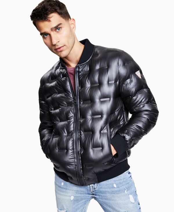  ゲス メンズ ジャケット・ブルゾン アウター Men's Stamp Quilt Puffer Bomber Jacket Black