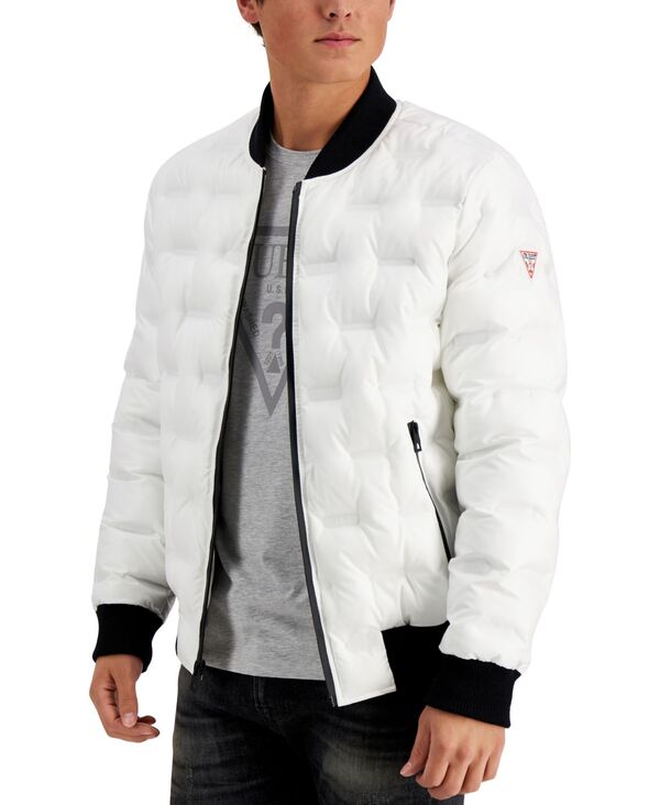  ゲス メンズ ジャケット・ブルゾン アウター Men's Stamp Quilt Puffer Bomber Jacket White