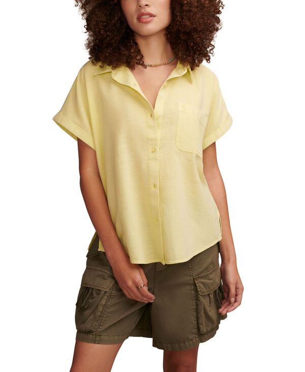 yz bL[uh fB[X Vc gbvX Women's Linen Short-Sleeve Button-Down Shirt Pale Lime Yellow