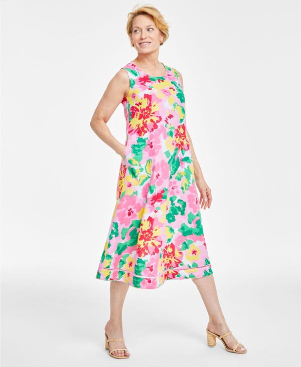 ̵ 㡼 ǥ ԡ ȥåץ Women's 100% Linen Floral-Print Woven Sleeveless Dress Bubble Bath Combo