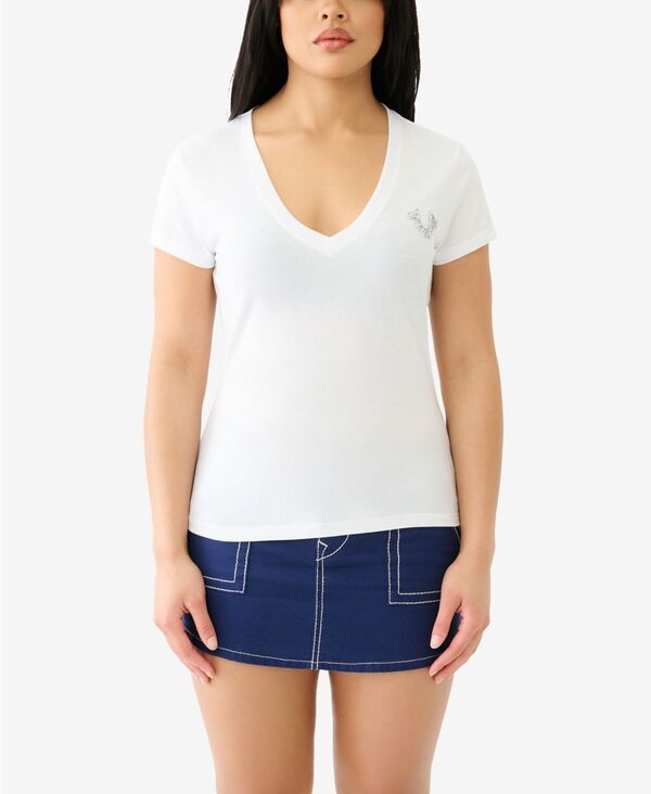 yz gD[W fB[X Vc gbvX Women's Short Sleeve Crushed Crystal TR V-Neck Tee White