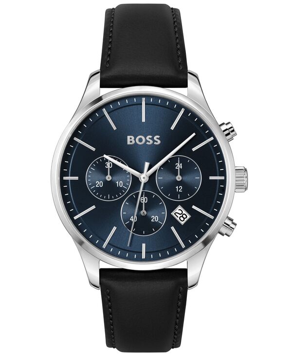 【送料無料】 ヒューゴボス メンズ 腕時計 アクセサリー BOSS Men s Chronograph Avery Black Leather Strap Watch 42mm Blue Dial