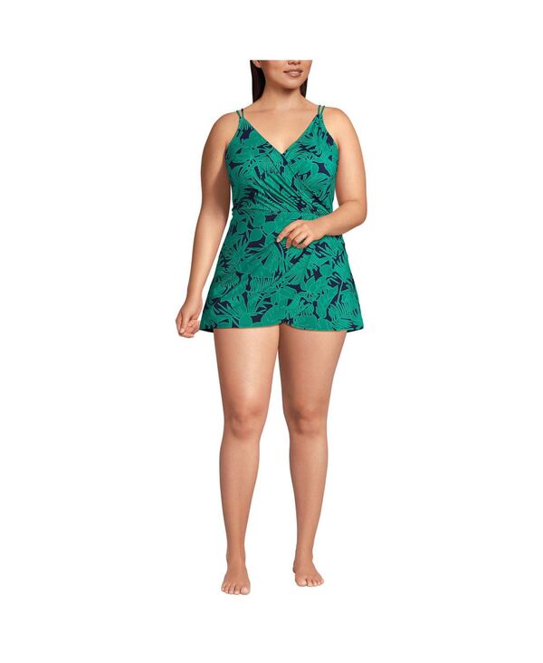 【送料無料】 ランズエンド レディース 上下セット 水着 Plus Size Tulip Wrap Mini Swim Dress One Piece Swimsuit Navy/emerald palm foliage