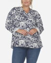 【送料無料】 ホワイトマーク レディース シャツ トップス Plus Size Pleated Long Sleeve Floral Print Blouse Navy(4)