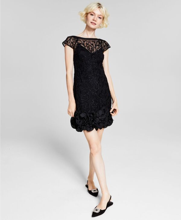 【送料無料】 ゲス レディース ワンピース トップス Floral-Lace Ruffled-Hem Sheath Black