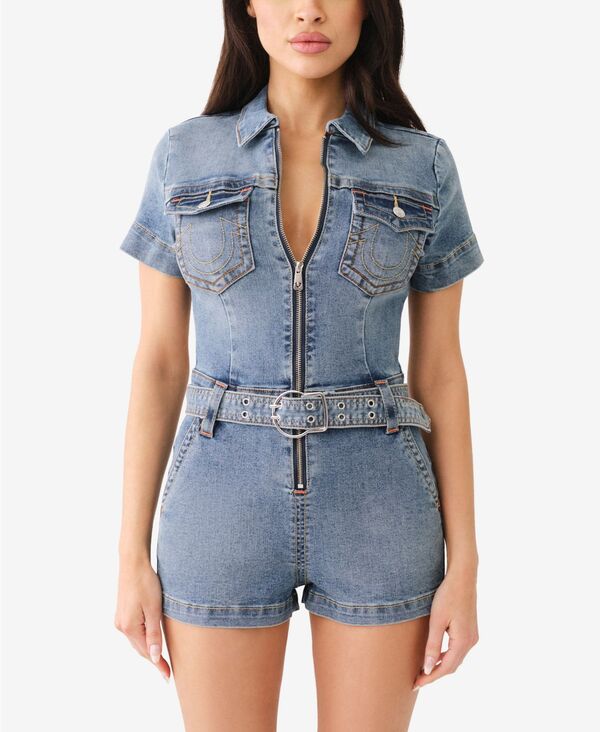 ̵ ȥ롼ꥸ ǥ ϡեѥġ硼 ܥȥॹ Women's Short Sleeve Romper Blue