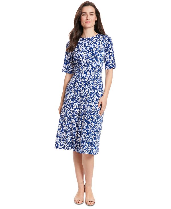 【送料無料】 ロンドンタイムス レディース ワンピース トップス Women's Printed Elbow-Sleeve Midi Dress Surf The Web