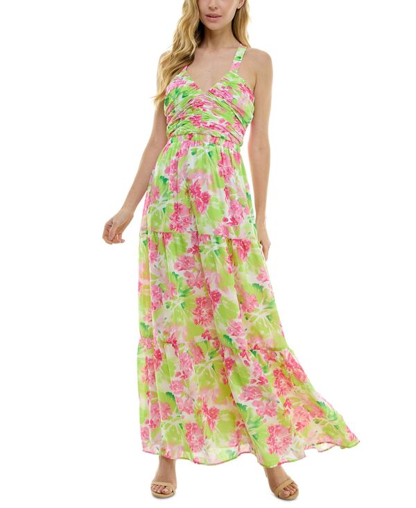 【送料無料】 シティー スタジオ レディース ワンピース トップス Juniors' Floral Print Sleeveless Tiered Maxi Dress Lime Pink