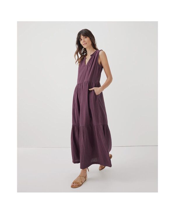 楽天ReVida 楽天市場店【送料無料】 パクト レディース ワンピース トップス Women's Organic Cotton Coastal Double Gauze Ruffle Maxi Dress Maroon