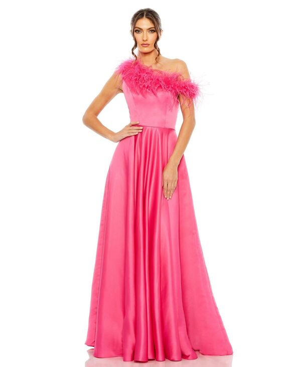 【送料無料】 マックダガル レディース ワンピース トップス Women's One Shoulder A Line Gown With Feather Detail Hot pink