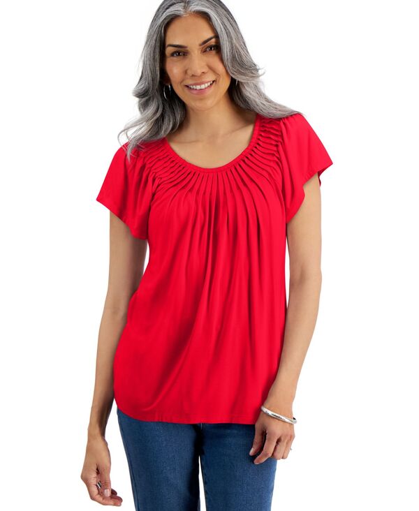  スタイルアンドコー レディース シャツ トップス Women's Pleated-Neck Short-Sleeve Top Regular & Petite Gumball Red