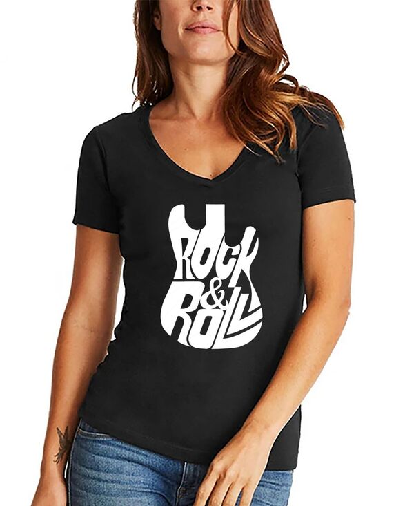【送料無料】 エルエーポップアート レディース シャツ トップス Women's Word Art Rock And Roll Guitar V-Neck T-Shirt Black