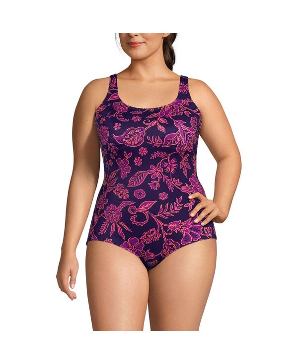  ランズエンド レディース 上下セット 水着 Plus Size Chlorine Resistant Tugless One Piece Swimsuit Soft Cup Blackberry ornate floral