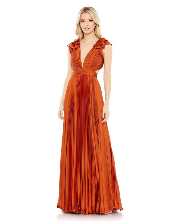 【送料無料】 マックダガル レディース ワンピース トップス Women's Ieena Pleated Ruffled Cap Sleeve Cut Out Lace Up Gown Burnt orange