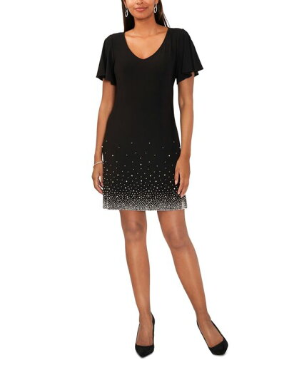 【送料無料】 ミスク レディース ワンピース トップス Women's V-Neck Short-Sleeve Embellished-Hem Shift Dress Black 【送料無料】 ミスク レディース ワンピース トップス Women's V-Neck Short-Sleeve Embellished-Hem Shift Dress Black