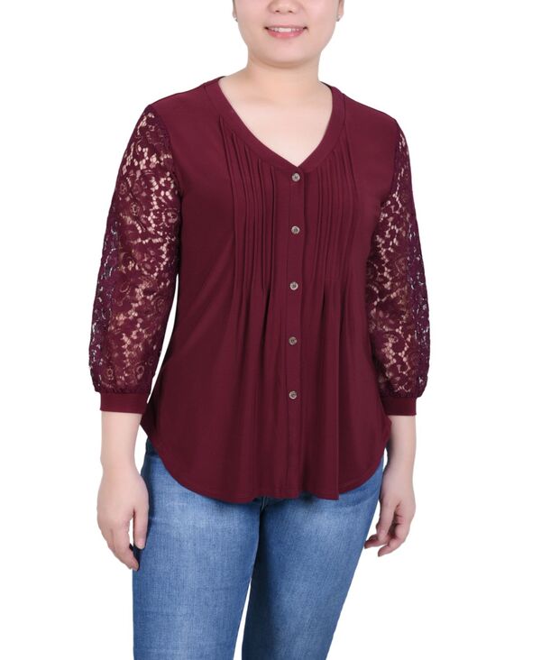  ニューヨークコレクション レディース シャツ トップス Women's Lace-Sleeve V-neck Top Rhododendron