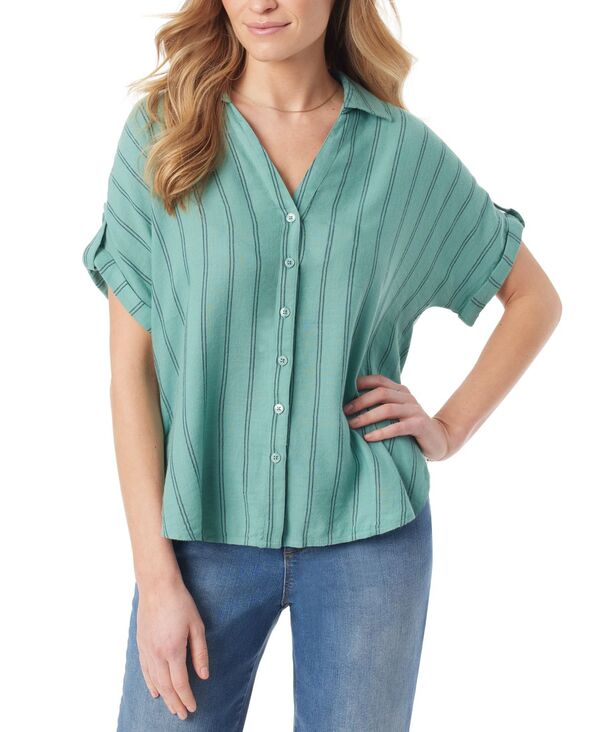 【送料無料】 グロリアバンデービルト レディース シャツ トップス Women's Demi Short-Sleeve Striped Button Front Shirt Celestial Greenのサムネイル