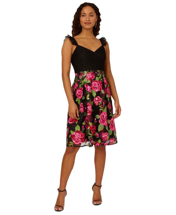 【送料無料】 アドリアナ パペル レディース ワンピース トップス Women's Rose-Embroidered-Mesh Dress Pink Green Multi