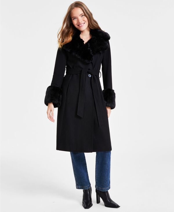 【送料無料】 ヴィアスピガ レディース ジャケット・ブルゾン アウター Women's Faux-Fur-Trim Belted Wrap Coat Black