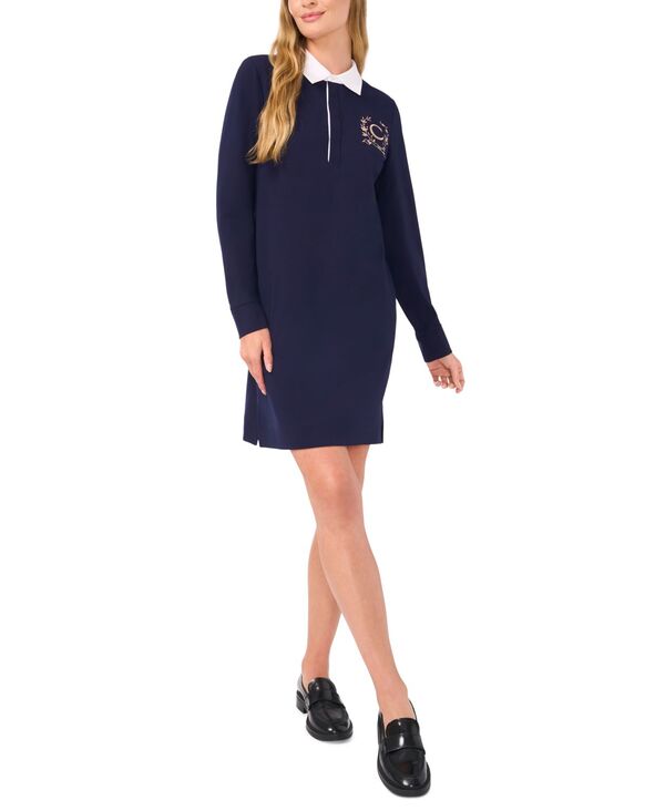 【送料無料】 セセ レディース ワンピース トップス Women's Embroidered-Logo Polo Long-Sleeve Dress Classic Navy