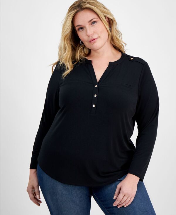 【送料無料】 アイ.エヌ.シー インターナショナル コンセプト レディース シャツ トップス Plus Size Long-Sleeve Top Created for Macy's Deep Black