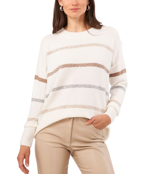 【送料無料】 ヴィンスカムート レディース ニット・セーター アウター Women's Crewneck Sequin-Stripe Sweater Antique White