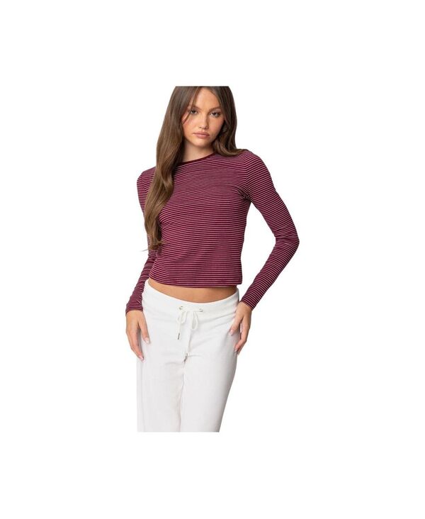 【送料無料】 アディクテッド レディース シャツ トップス Women's Brianna Striped Long Sleeve T Shirt Burgundy