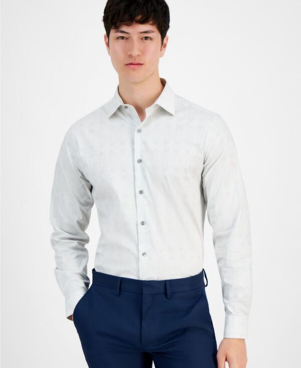 【送料無料】 アルファニ メンズ シャツ トップス Men's Slim-Fit Geo-Lines Dress Shirt White Grey